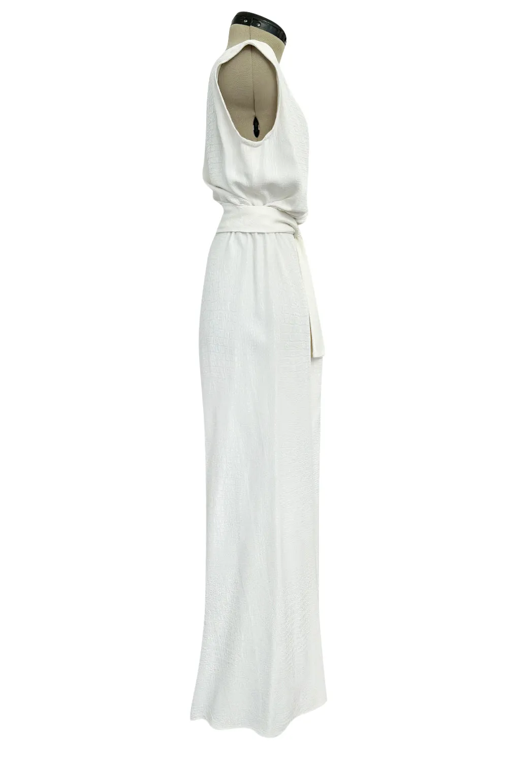 Yves Saint Laurent Spring 1993 minimalist White Dress w Raised Reptile Print