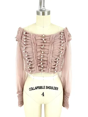 Zimmermann Tulle Faux Pearl Off Shoulder Top